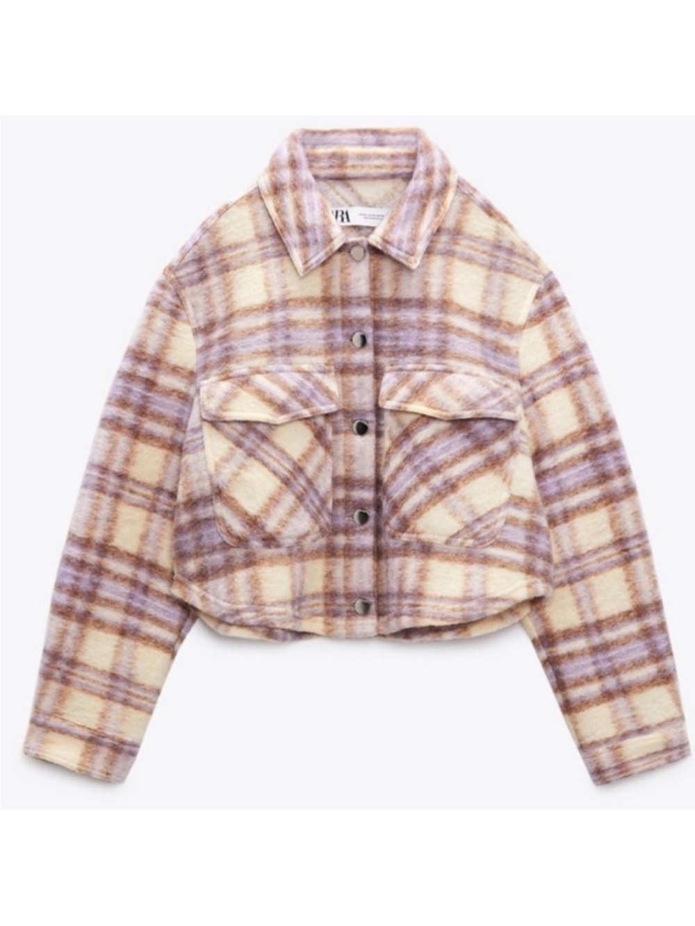 Zara Cream & Lavender Plaid Cropped Wool Blend Jacket / Shacket